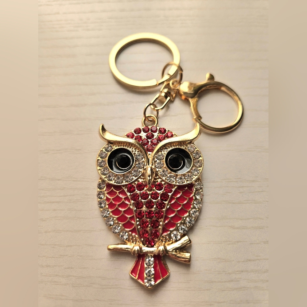 Goldtone and Red Owl Keychain/ Purse Charm